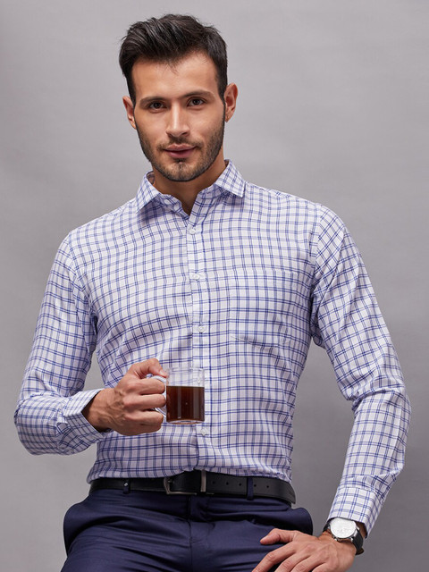 

Oxemberg Men White & Blue Classic Slim Fit Checked Formal Shirt