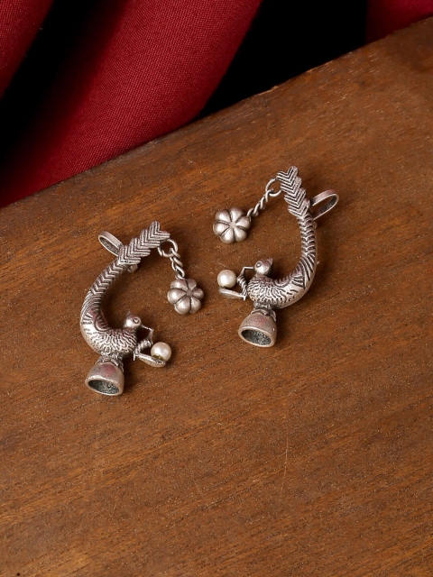 

VIRAASI Silver-Toned & White Peacock Shaped Ear Cuff Earrings