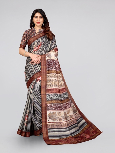 

MIRCHI FASHION Brown & Grey Striped Bagh Saree