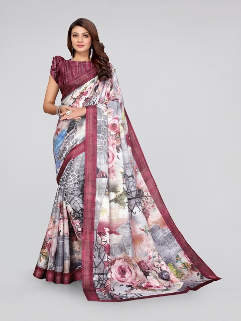 

MIRCHI FASHION Grey & Burgundy Floral Zari Bagh Saree