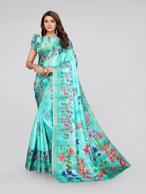 

MIRCHI FASHION Teal & Pink Floral Zari Bagh Saree