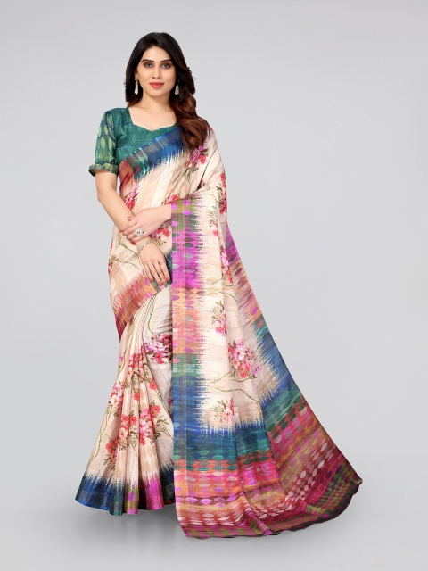 

MIRCHI FASHION Cream-Coloured & Green Floral Zari Bagh Saree