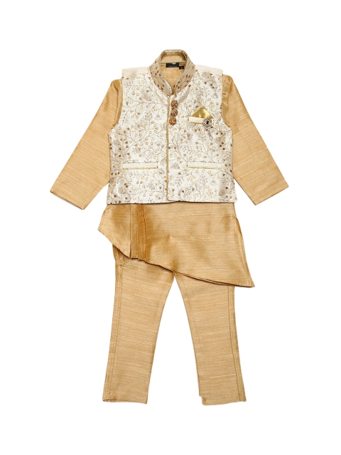 

Aj DEZInES Boys Cream Solid Silk Blend Kurta Pyjamas with Embroidered Waistcoat Set