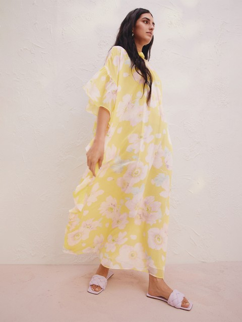 

H&M Women Yellow Flounced Floral Kaftan Dress