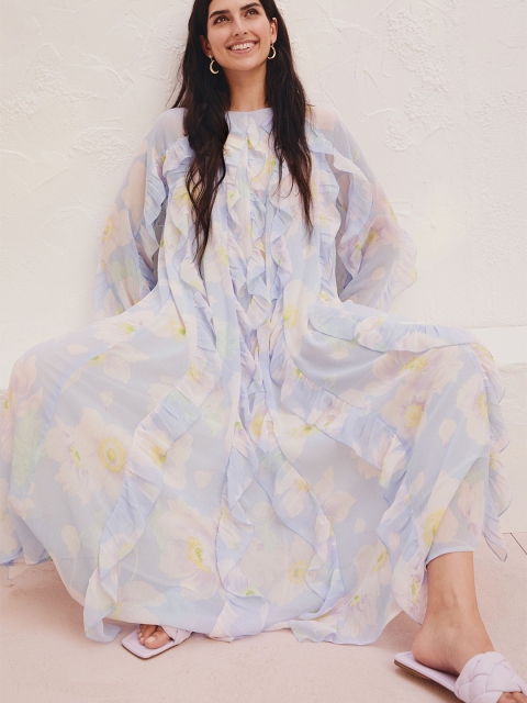 

H&M Women Blue & White Floral Flounced Chiffon Dress