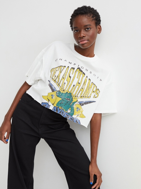

H&M Women White & Green Printed Round Neck Cropped T-shirt