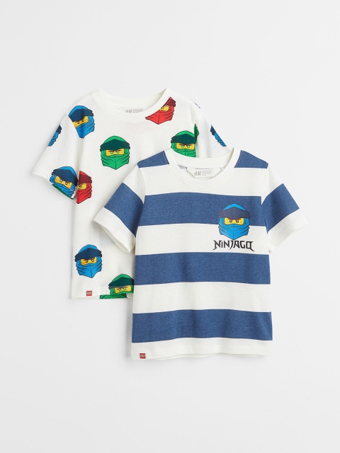 

H&M Boys Pack of 2 White & Blue Printed Cotton Round Neck T-shirts