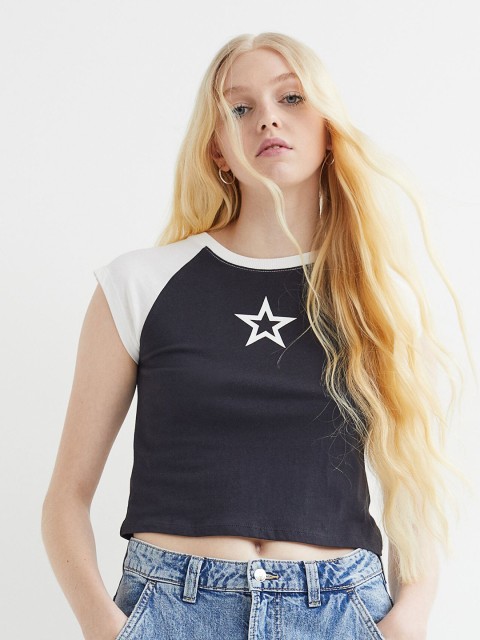 

H&M Women Black & White Cotton Printed Cropped Top