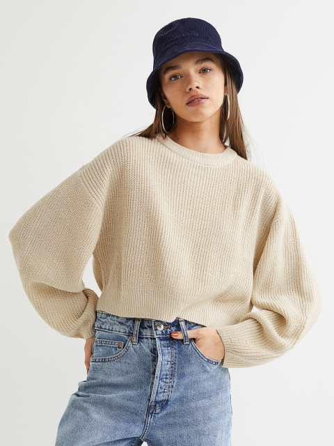 

H&M Women Beige Acrylic Rib-Knit Jumper