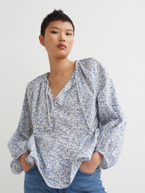 

H&M Women Blue Balloon-sleeved Cotton Blouse
