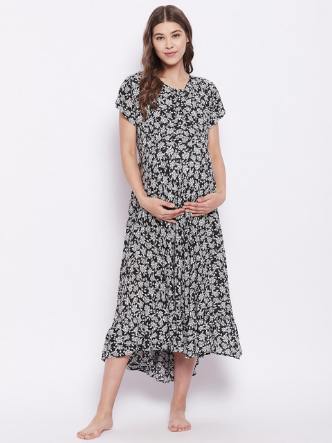 

Hypernation Women Black Printed Maxi Maternity Nightdress