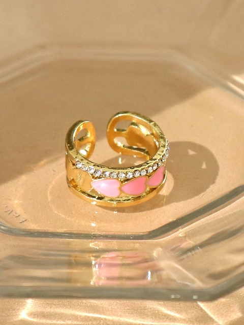 

Pipa Bella Gold -Toned Pink Stone Studded Heart Enamel Ring