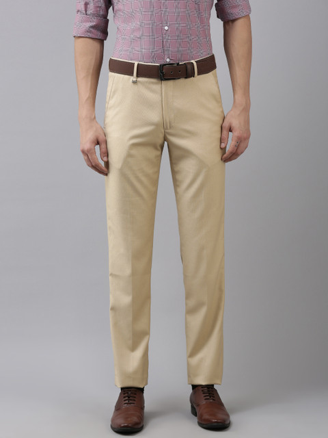 

Van Heusen Men Cream-Coloured Textured Self Design Slim Fit Mid-Rise Plain Formal Trousers