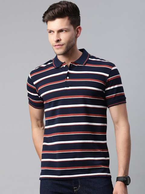 

Pierre Carlo Men Navy Blue & Rust Brown Striped Polo Collar T-shirt