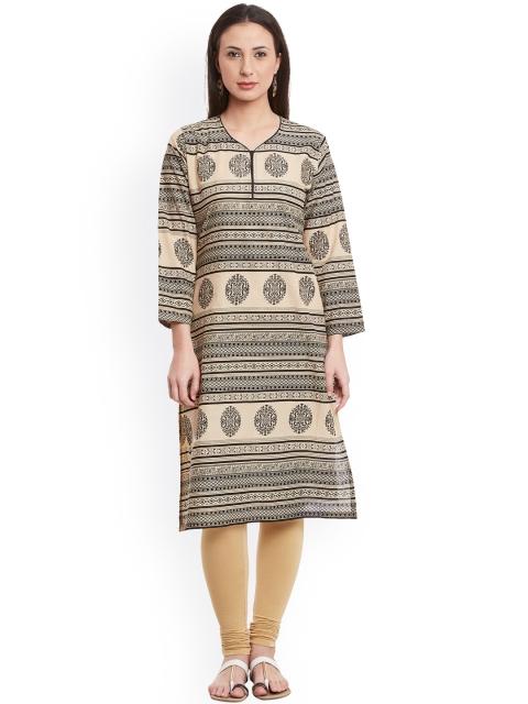 

aayusika Women Beige & Black Printed Straight Kurta