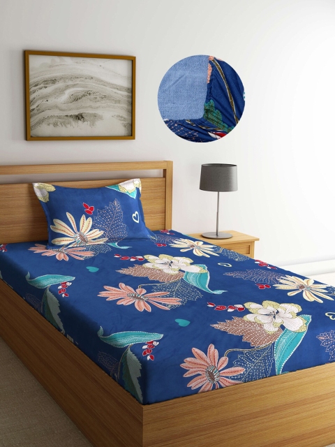 

Arrabi Blue & Yellow Floral 300 TC Fitted Single Bedsheet with 1 Pillow Covers