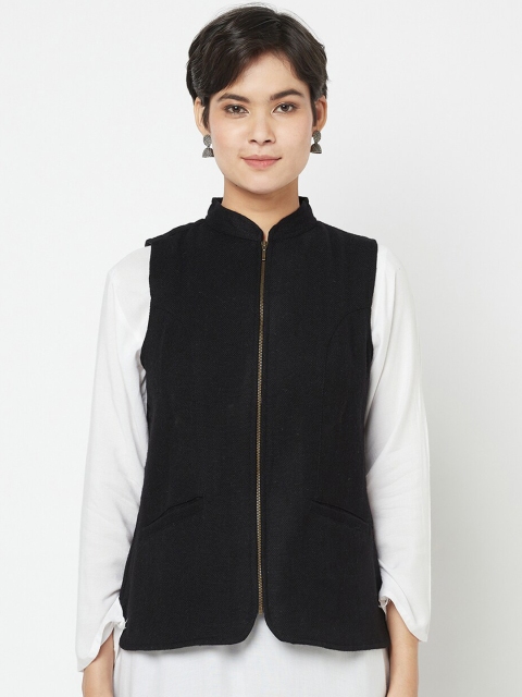 

Fabindia Women Black Longline Tailored Jacket