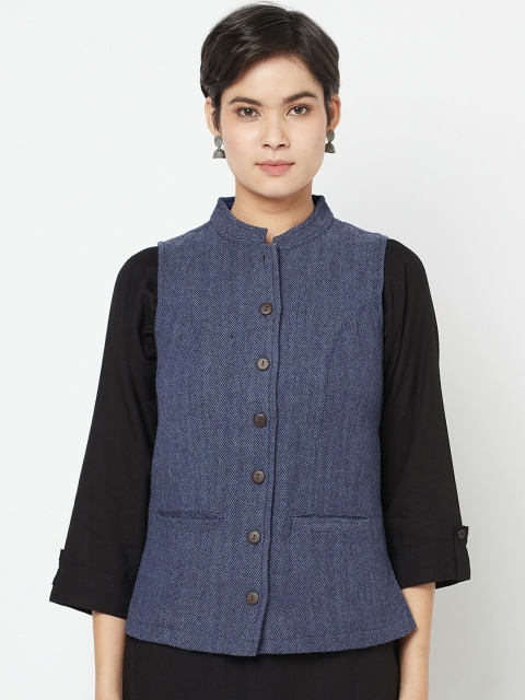 

Fabindia Women Navy Blue Woven Design Wool Tweed Nehru Jacket