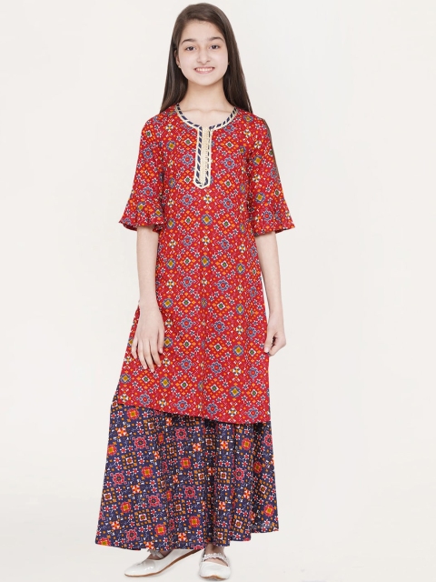 

titliyan Girls Red Floral Printed Pure Cotton Kurta with Skirt