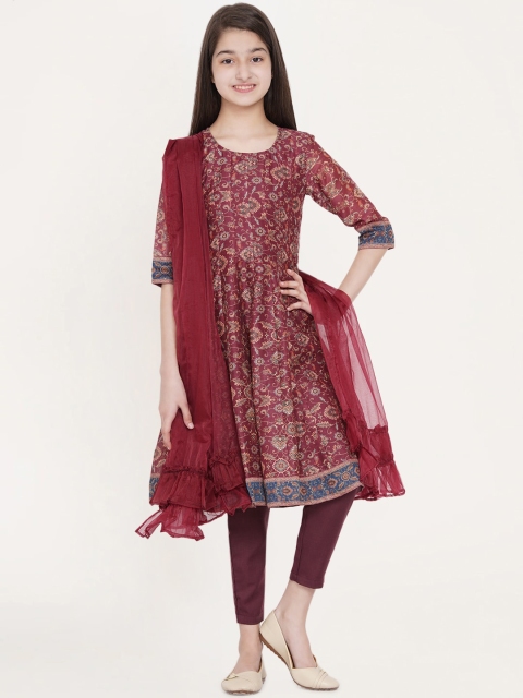 

titliyan Girls Burgundy Printed Chanderi Silk Kurta with Trousers & With Dupatta