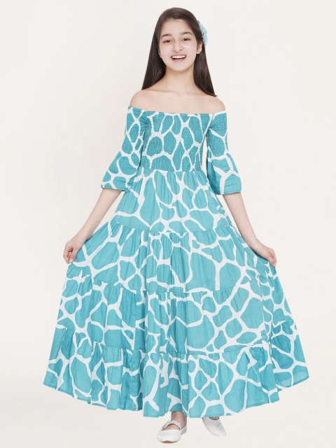 

titliyan Girls Blue Printed Off-Shoulder Cotton Maxi Dress