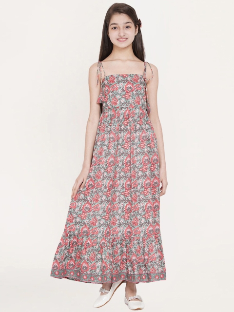 

titliyan Girls Blue & Coral Floral Cotton Maxi Dress