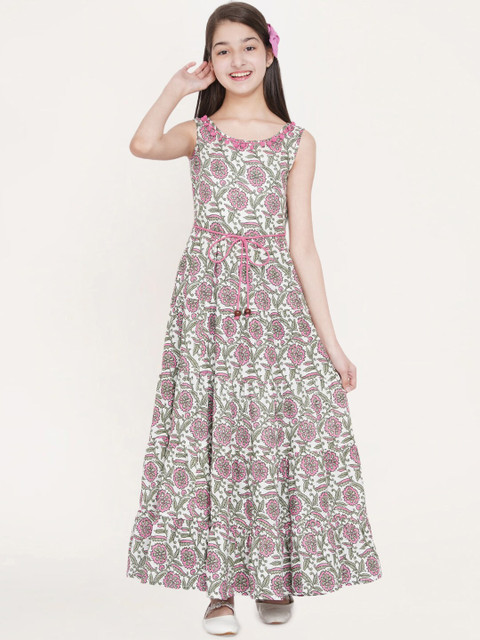 

titliyan Girls White & Pink Floral Printed Tiered Cotton Maxi Dress