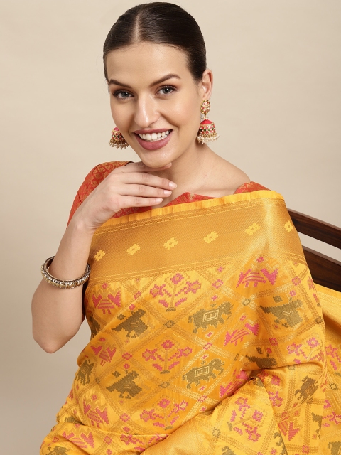 

Mitera Yellow Ethnic Motifs Zari Silk Blend Patola Saree