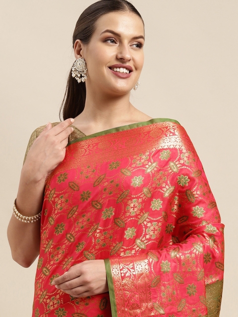 

Mitera Pink & Golden Ethnic Motifs Zari Silk Blend Kanjeevaram Saree