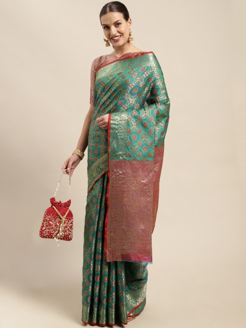 

Mitera Green & Gold-Toned Ethnic Motifs Zari Silk Blend Kanjeevaram Saree