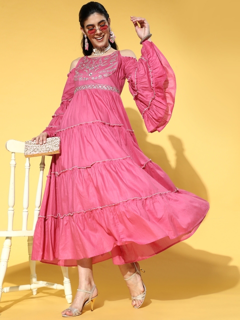 

Yufta Women Pretty Pink Ethnic Motifs Swirling Volume Dress