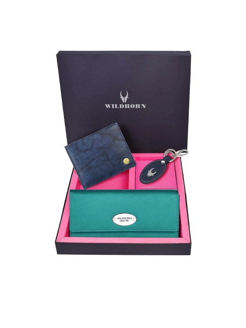 

WildHorn Unisex Blue & Green Solid Premium Leather Accessory Gift Set