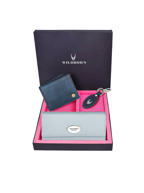 

WildHorn Unisex Blue & Grey Solid Premium Leather Accessory Gift Set