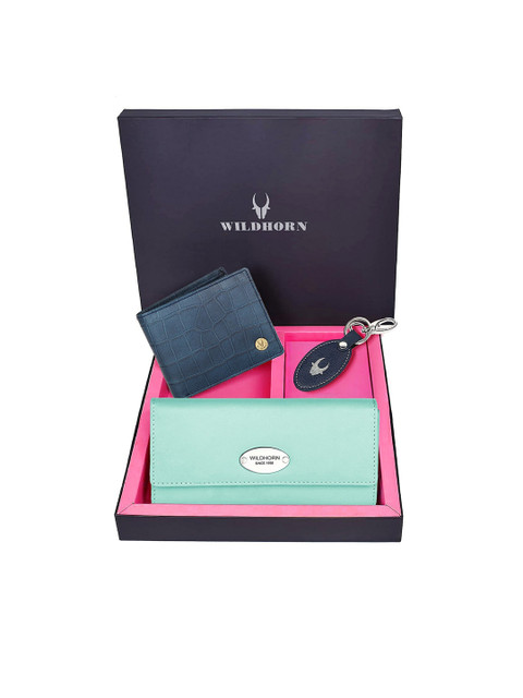 

WildHorn Unisex Sea Green & Blue Solid Premium Leather Accessory Gift Set