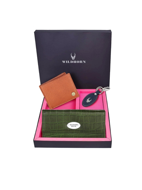 

WildHorn Unisex Tan-Brown & Green Solid Premium Leather Accessory Gift Set