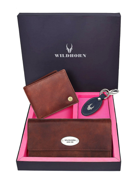 

WildHorn Premium Leather Ladies Wallet, Mens Wallet and Keychain Combo Giftset, Brown