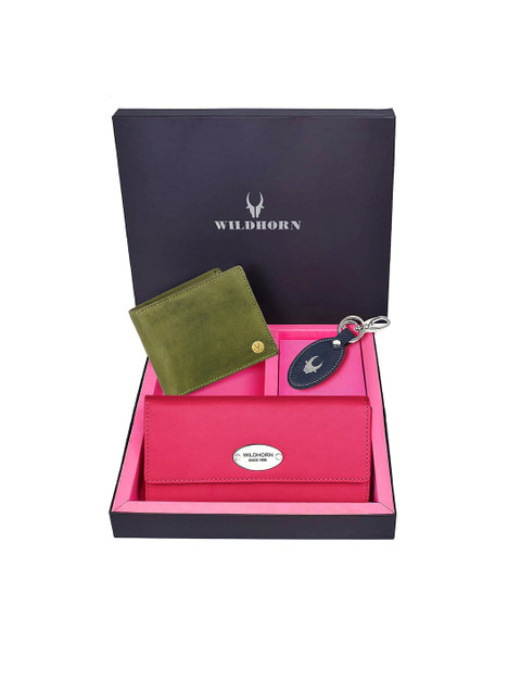 

WildHorn Unisex Pink & Green Solid Leather Accessory Gift Set
