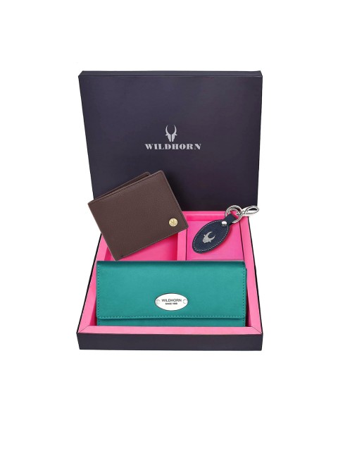 

WildHorn Unisex Sea Green & Brown Textured Pure Genuine Leather Accessory Gift Set