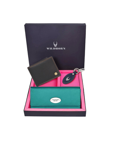 

WildHorn Unisex Sea Green & Black Solid Leather Accessory Gift Set