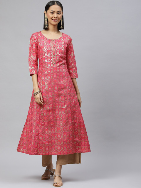

Nirkhi Women Pink Ethnic Motifs Printed Gotta Patti Kurta