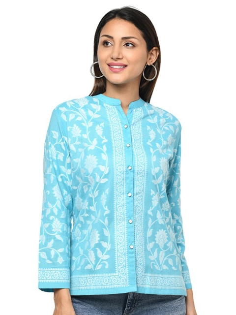 

Safaa Blue Floral Print Mandarin Collar Top