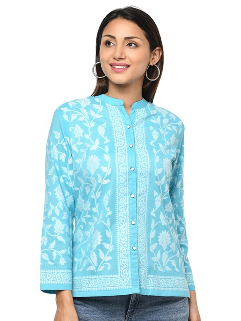 

Safaa Blue Floral Print Mandarin Collar Top