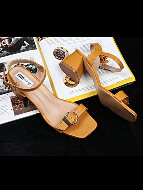 

THE WHITE POLE Mustard Colourblocked Block Pumps with Buckles