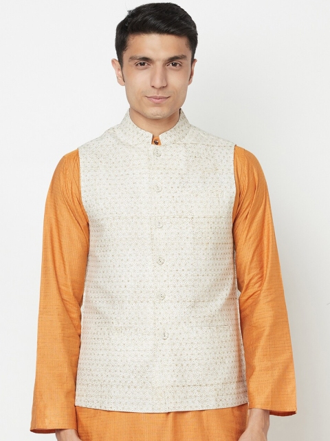 

Fabindia Men White & Golden Geometric Block Printed Pure Cotton Nehru Jacket