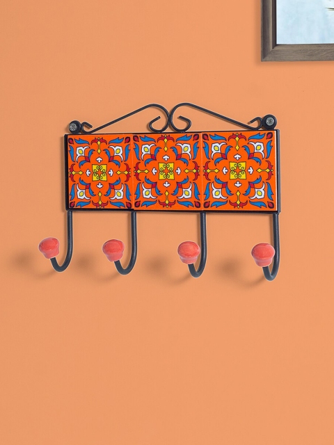 

Golden Peacock Orange 4 Hooks Floral Pottery Art Handcrafted Ceramic Wall Hooks