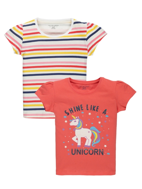 

PLUM TREE Girls Pack Of 2 Coral Orange & White Unicorn Printed Pure Cotton T-shirts