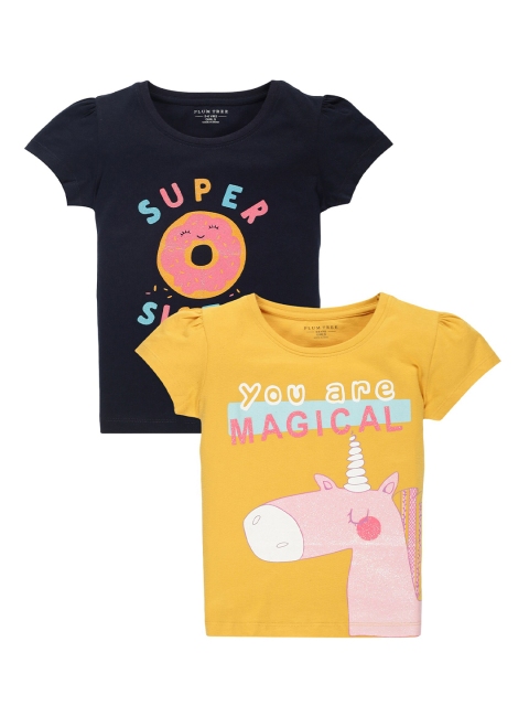 

PLUM TREE Girls Pack of 2 Navy Blue & Mustard Yellow Printed Pure Cotton T-shirts