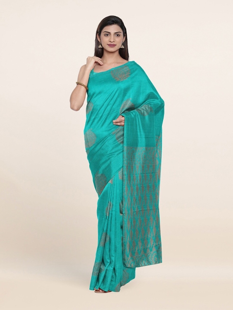 

Pothys Teal & Gold-Toned Woven Design Zari Silk Cotton Saree