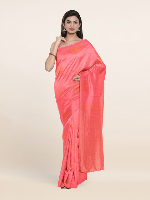 

Pothys Peach-Coloured & Gold-Toned Floral Zari Silk Cotton Saree