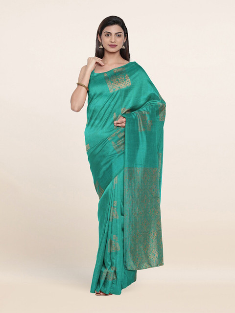 

Pothys Green & Gold-Toned Woven Design Zari Silk Cotton Saree